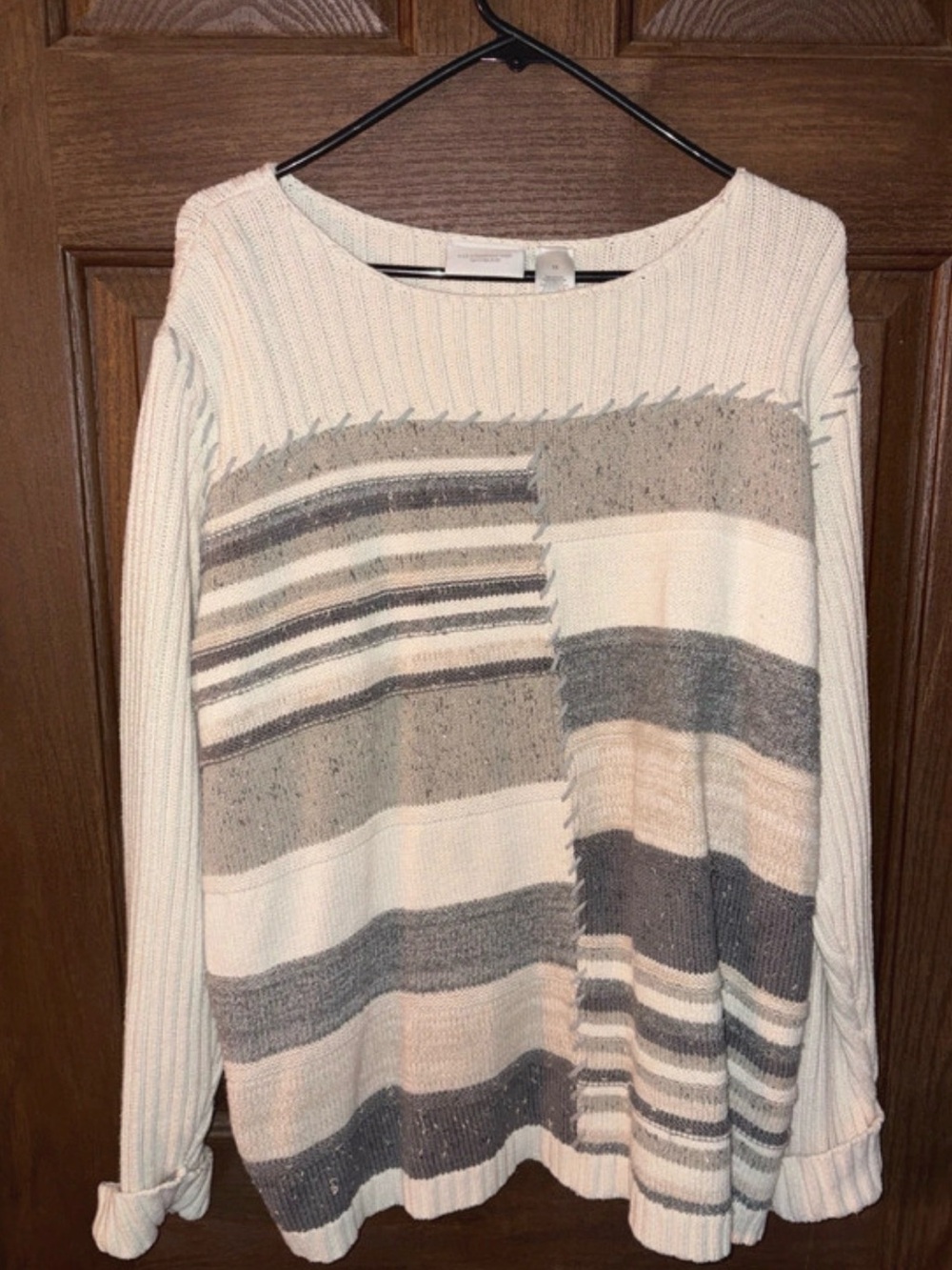 Liz Claiborne Cream and Gray Striped Patchwork Knit Sweater